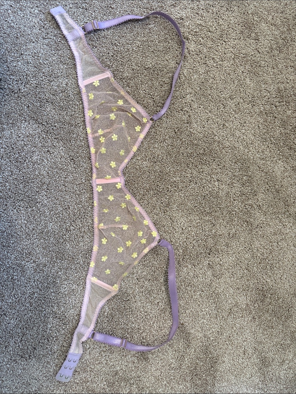 Dora Larsen US size 10 Lavender Mesh Bralette with Yellow Floral Embroidery